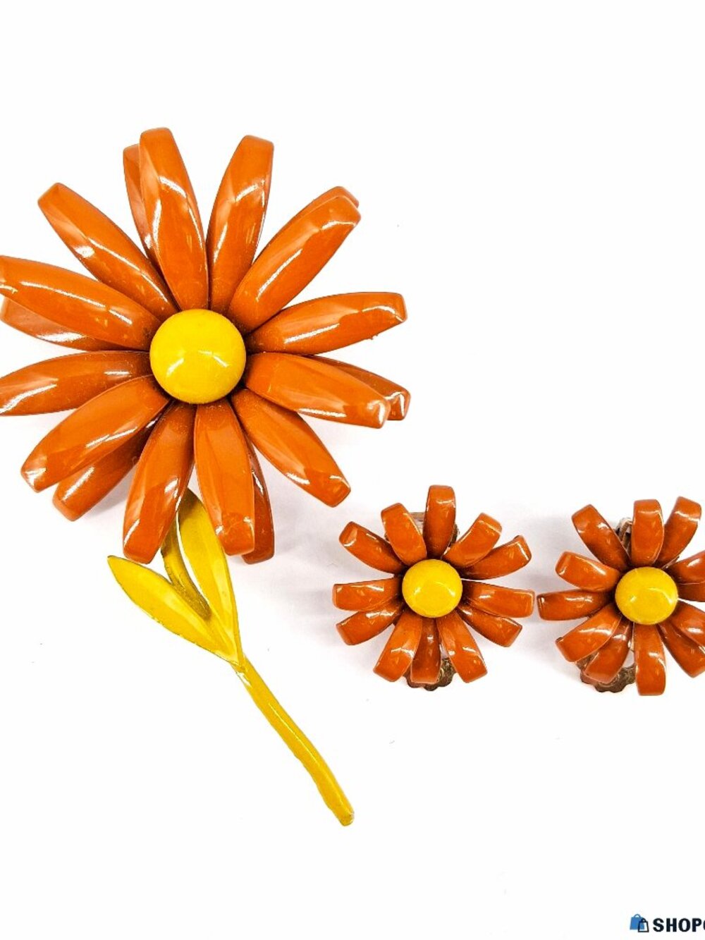 Vtg Deep Orange & Yellow Daisy Brooch/Earring Set